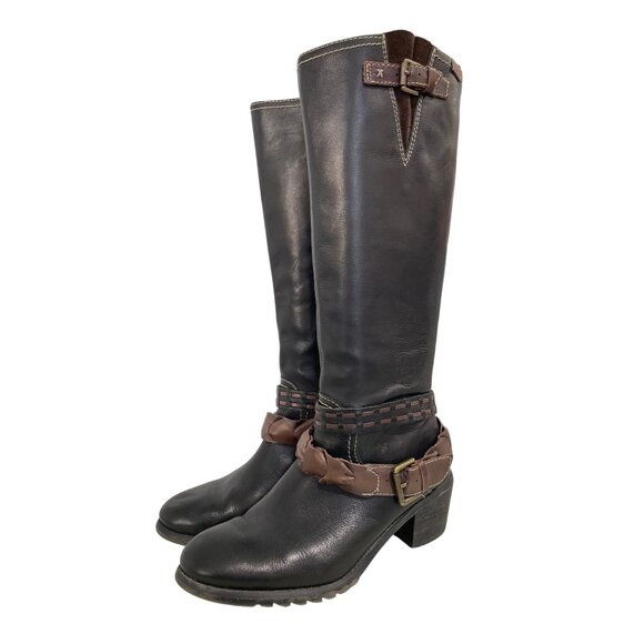 Pikolinos Tall Leather Riding Boots Size 38 Black Buckle Strap Boho Hippie Retro